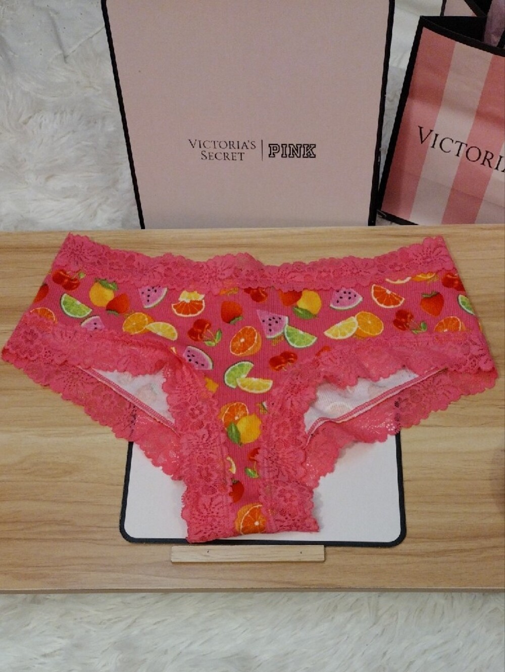 Victoria's Secret PINK Fruit Print Lace Trim Cheeky Panties Medium New